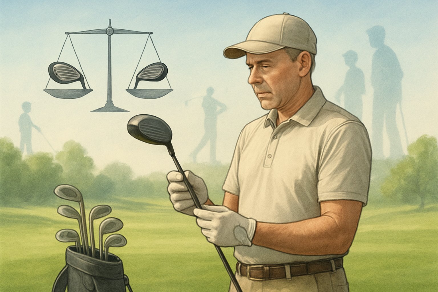 A middle-aged golfer on a golf course holding a golf driver, with a balanced scale showing different golf drivers and faint silhouettes of golfers of various ages in the background.