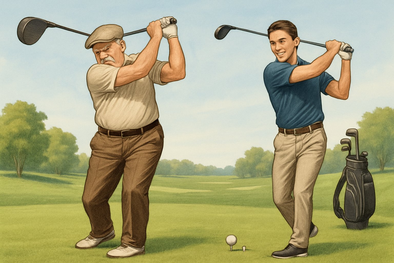 An older man and a younger man swinging golf drivers on a golf course, showing differences in effort and swing mechanics.