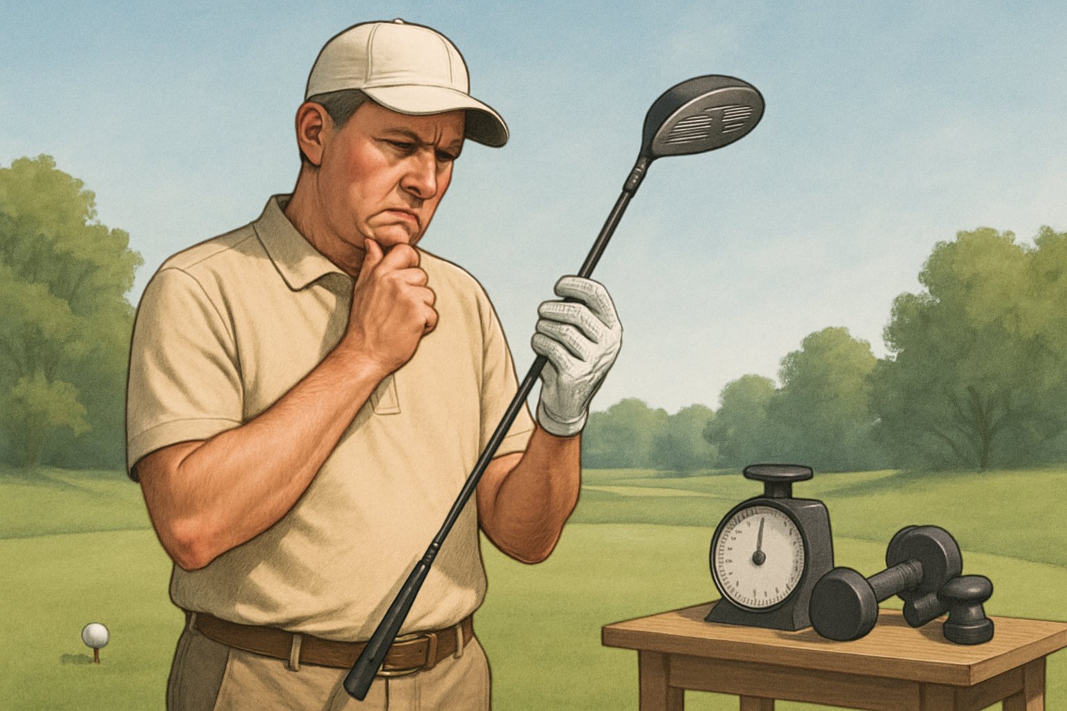 A middle-aged golfer on a golf course examining his golf driver with concern, standing near a tee box with a green fairway and clear sky.