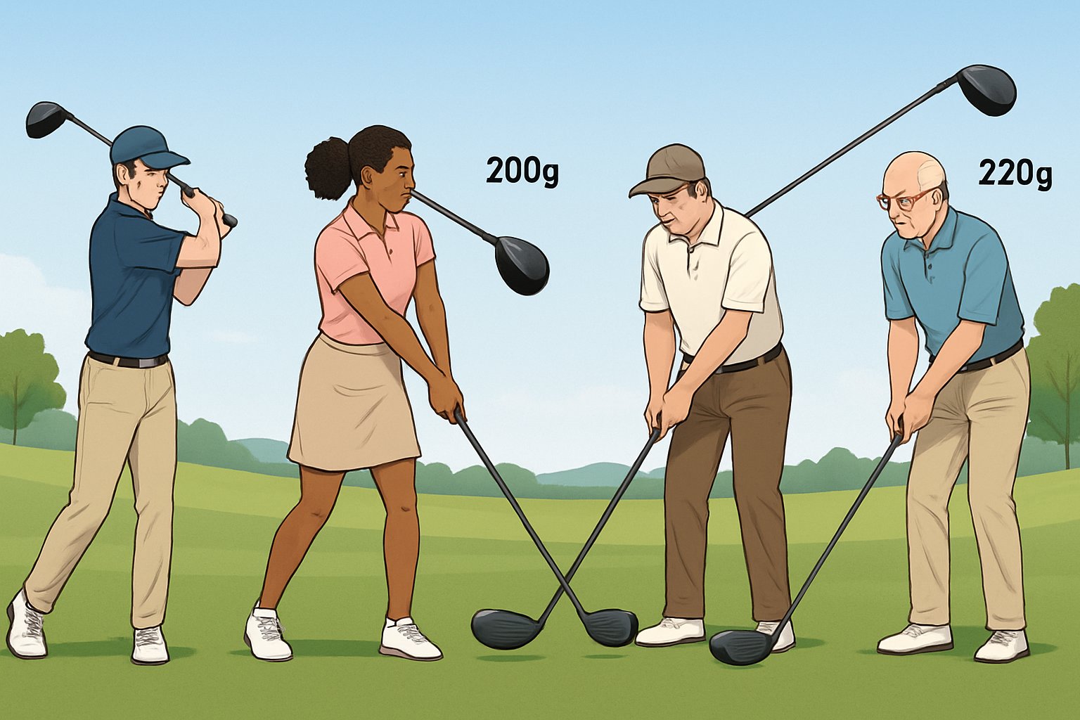 A group of golfers of different ages on a golf course, each holding golf drivers of varying sizes and weights, preparing to swing.