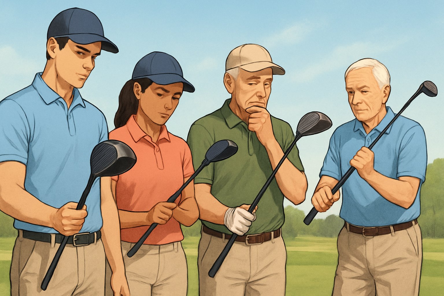 Golfers of different ages on a golf course holding golf drivers of varying sizes, preparing to swing.