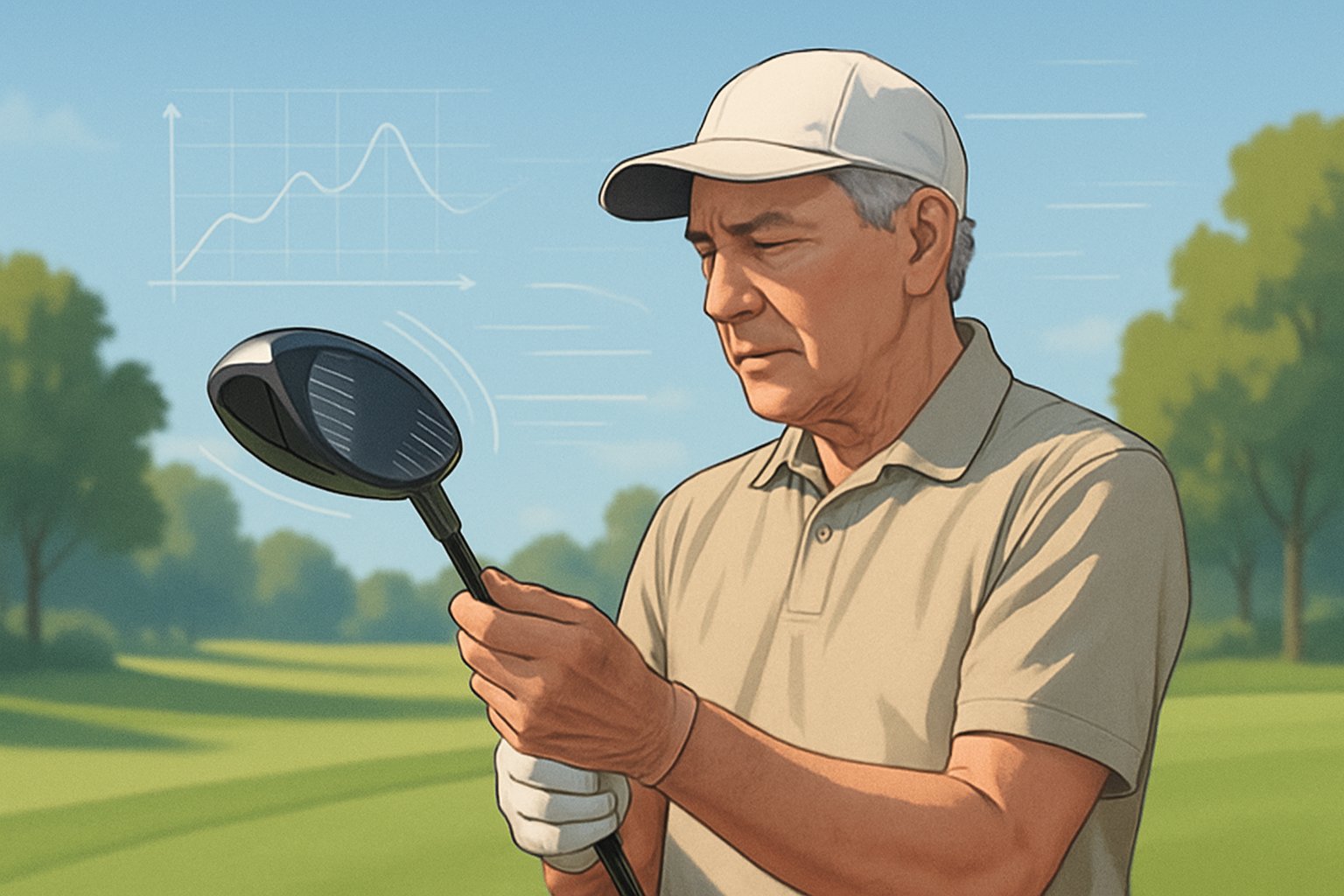 A mature golfer on a sunny golf course holding a golf driver and preparing to swing.