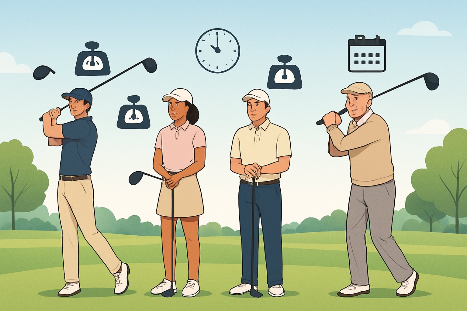 Golfers of different ages holding golf drivers of varying weights on a golf course with subtle symbols representing weight and age.
