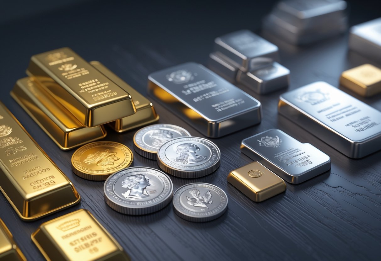 A display of gold bars, silver coins, platinum ingots, and palladium pieces arranged on a dark wooden surface.