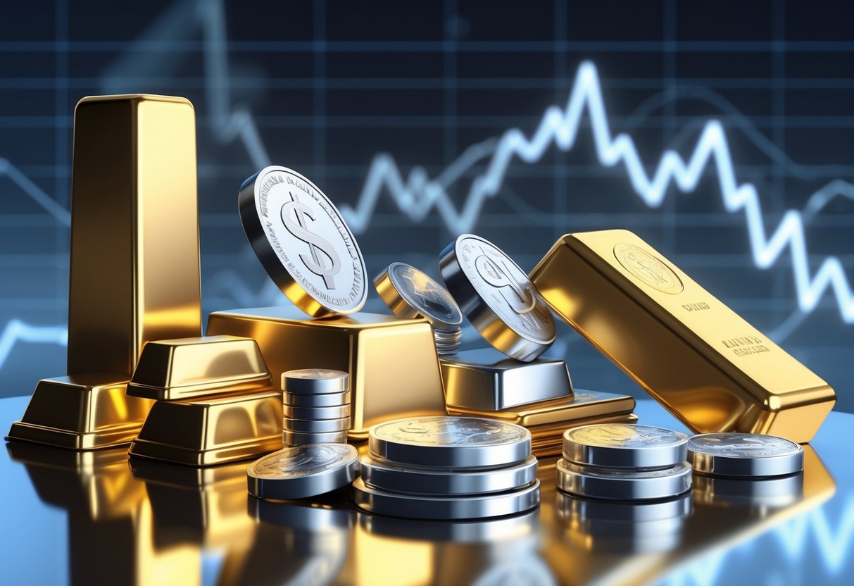 An arrangement of gold bars, silver coins, and platinum ingots displayed on a reflective surface with a faint financial chart in the background.