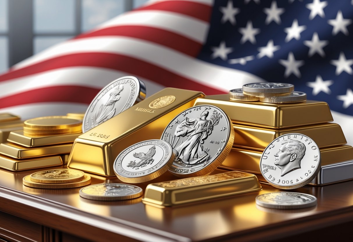 An arrangement of gold bars, silver coins, platinum ingots, and collectible coins on a wooden table with a softly draped U.S. flag in the background.
