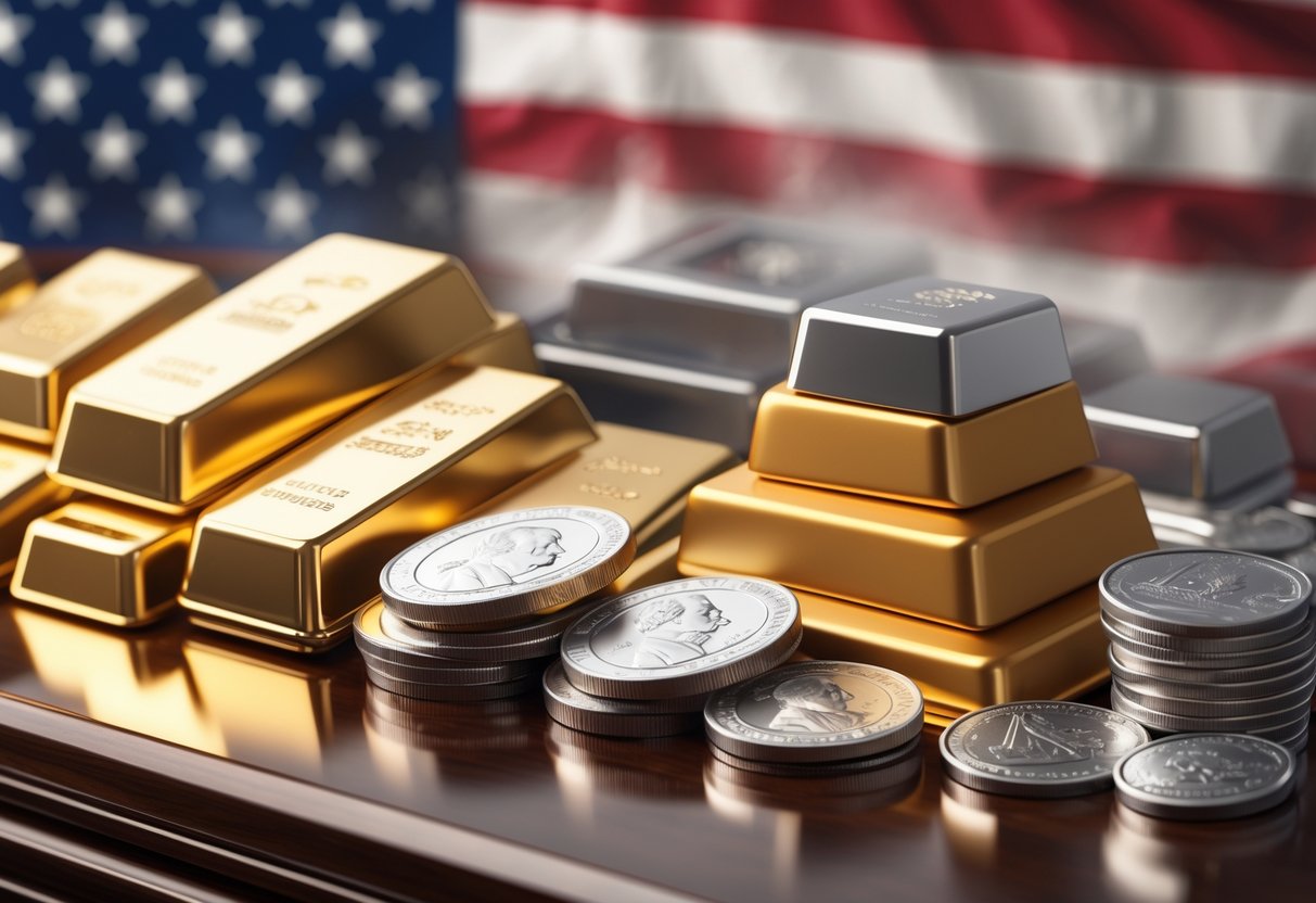 A collection of gold bars, silver coins, and platinum ingots arranged on a wooden surface with a faint American flag in the background.