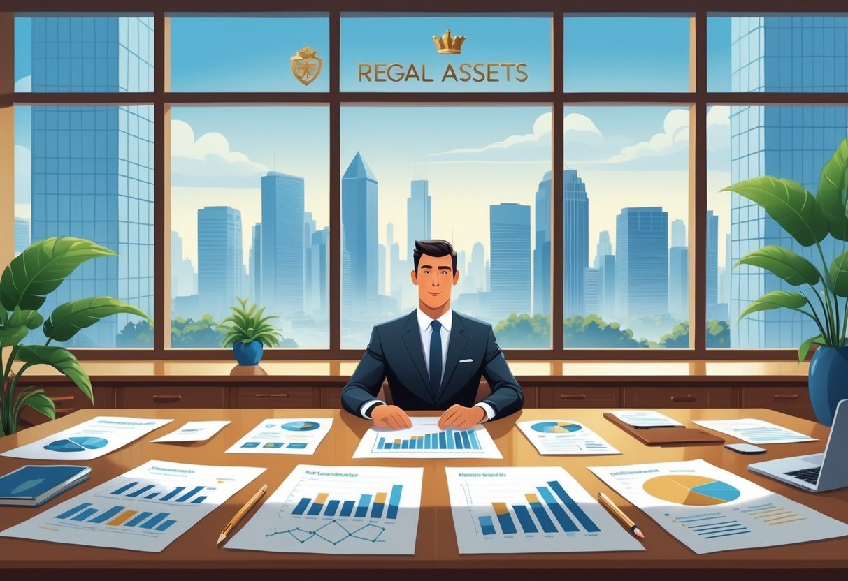 A business professional reviewing financial documents at a desk in a modern office with a city skyline visible through a large window.