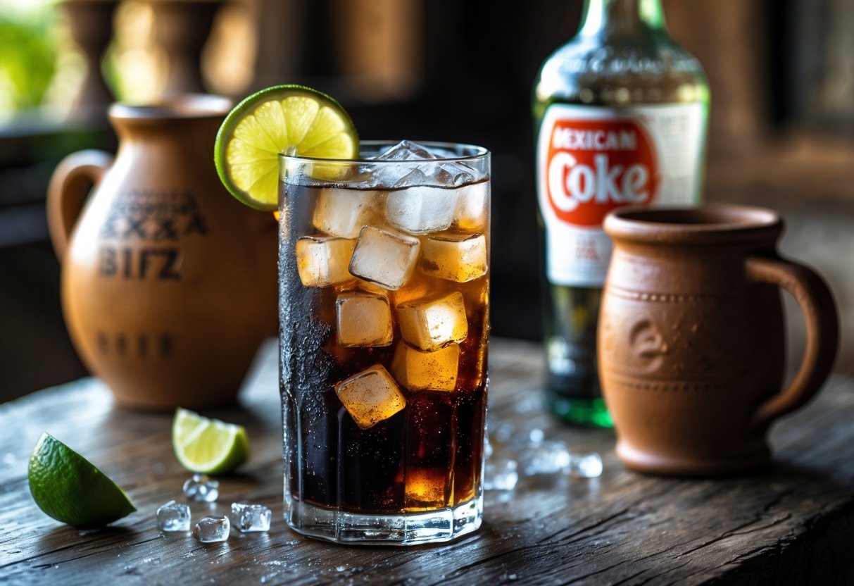 A glass of Batanga cocktail with ice and lime on a wooden table, next to a clay mug and a bottle of tequila, with a bottle of Mexican Coke in the background.