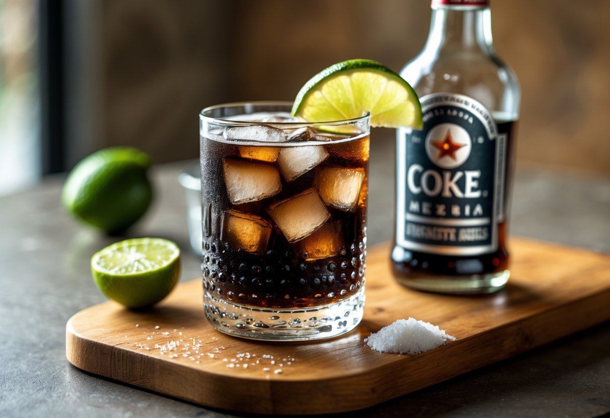 A glass of Batanga cocktail with lime wedge, bottle of Mexican Coke, tequila bottle, sliced lime, and salt on a wooden board.