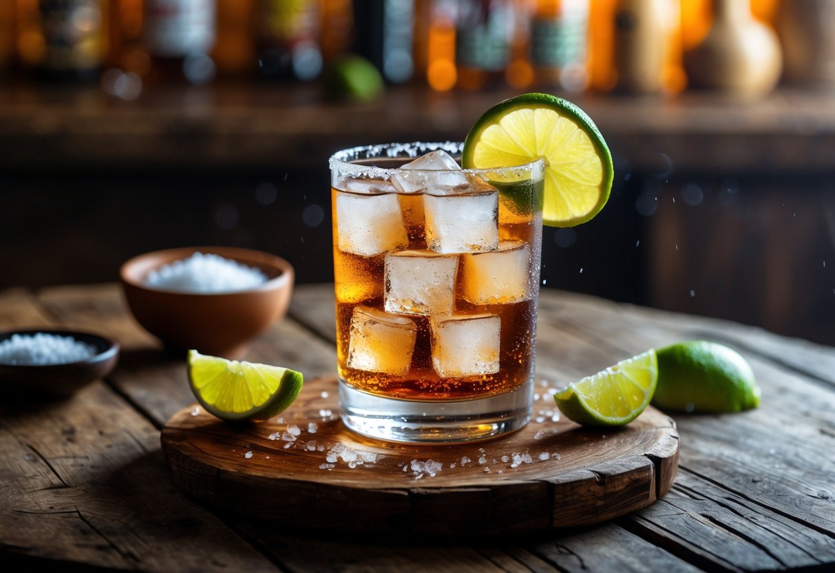 A glass of Batanga cocktail with ice and a lime wedge on a wooden table, accompanied by lime wedges and salt.