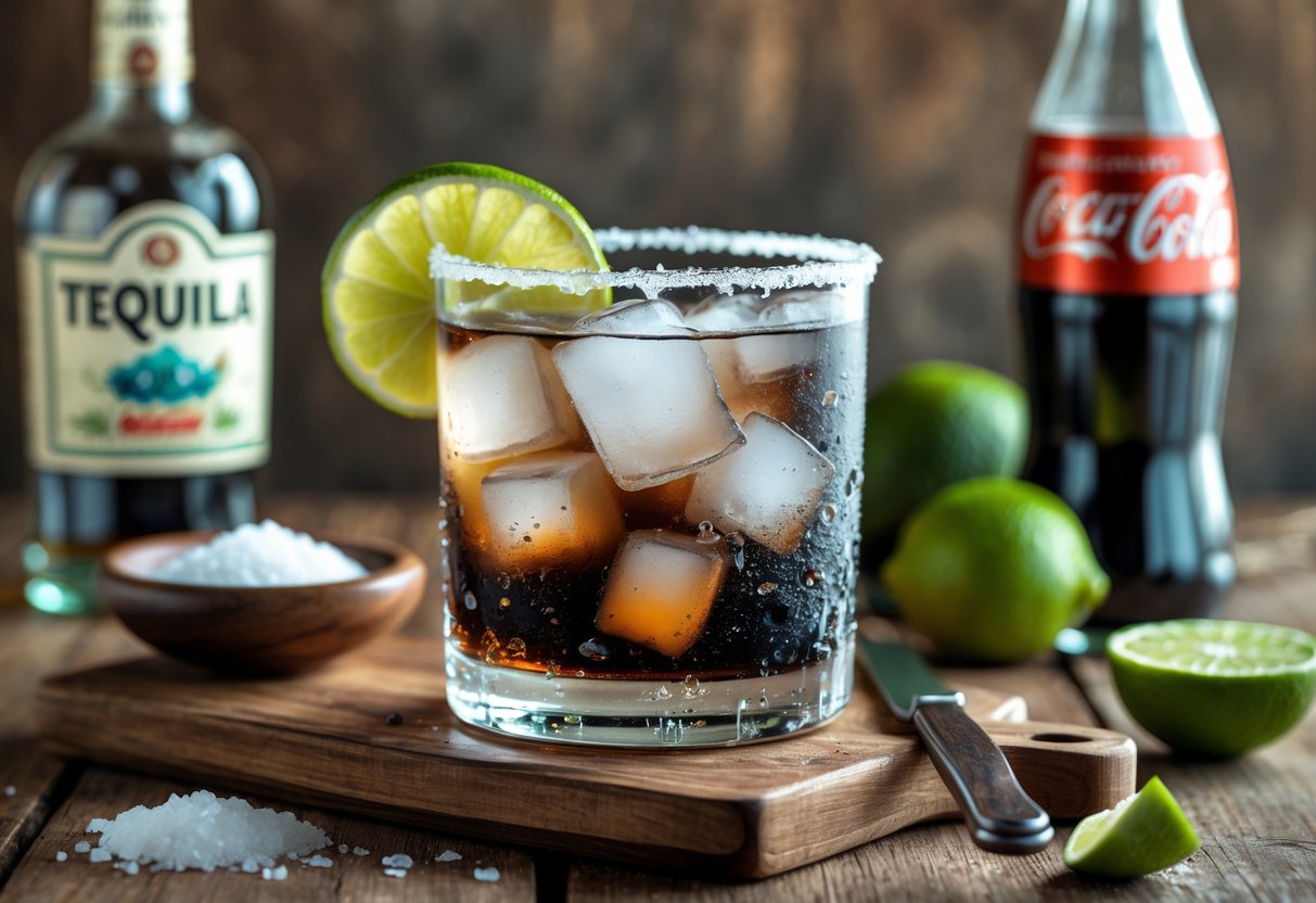 A glass of Batanga cocktail with ice and a lime wedge on a wooden surface, surrounded by a bowl of salt, tequila bottle, Mexican Coke bottle, and fresh limes.