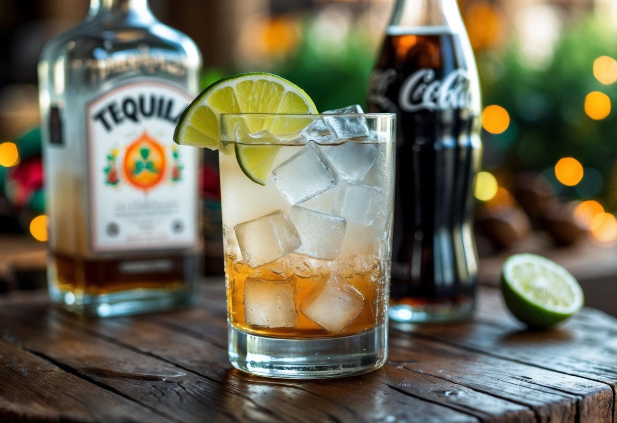 A glass of Batanga cocktail with ice and lime on a wooden table, with bottles of tequila and Coke in the background.