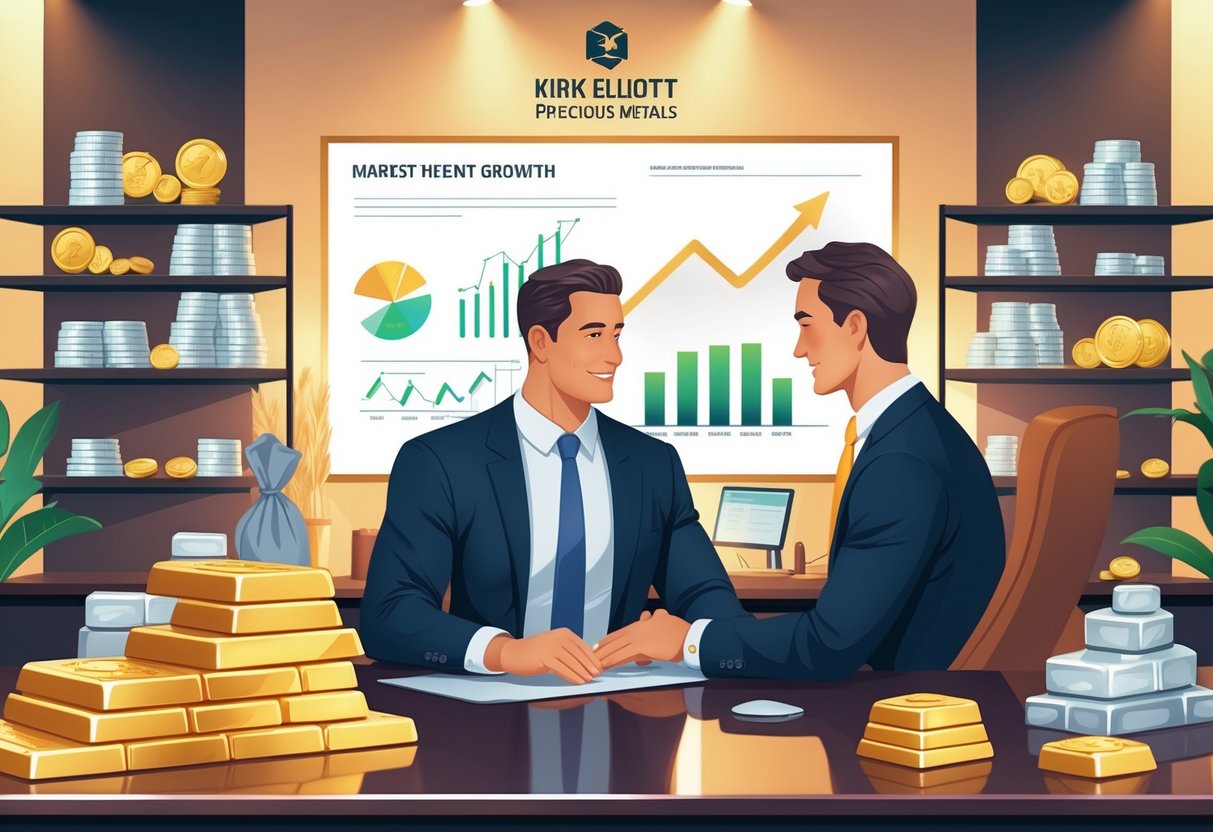 An office scene showing a financial advisor consulting a client with gold bars and silver coins displayed nearby.