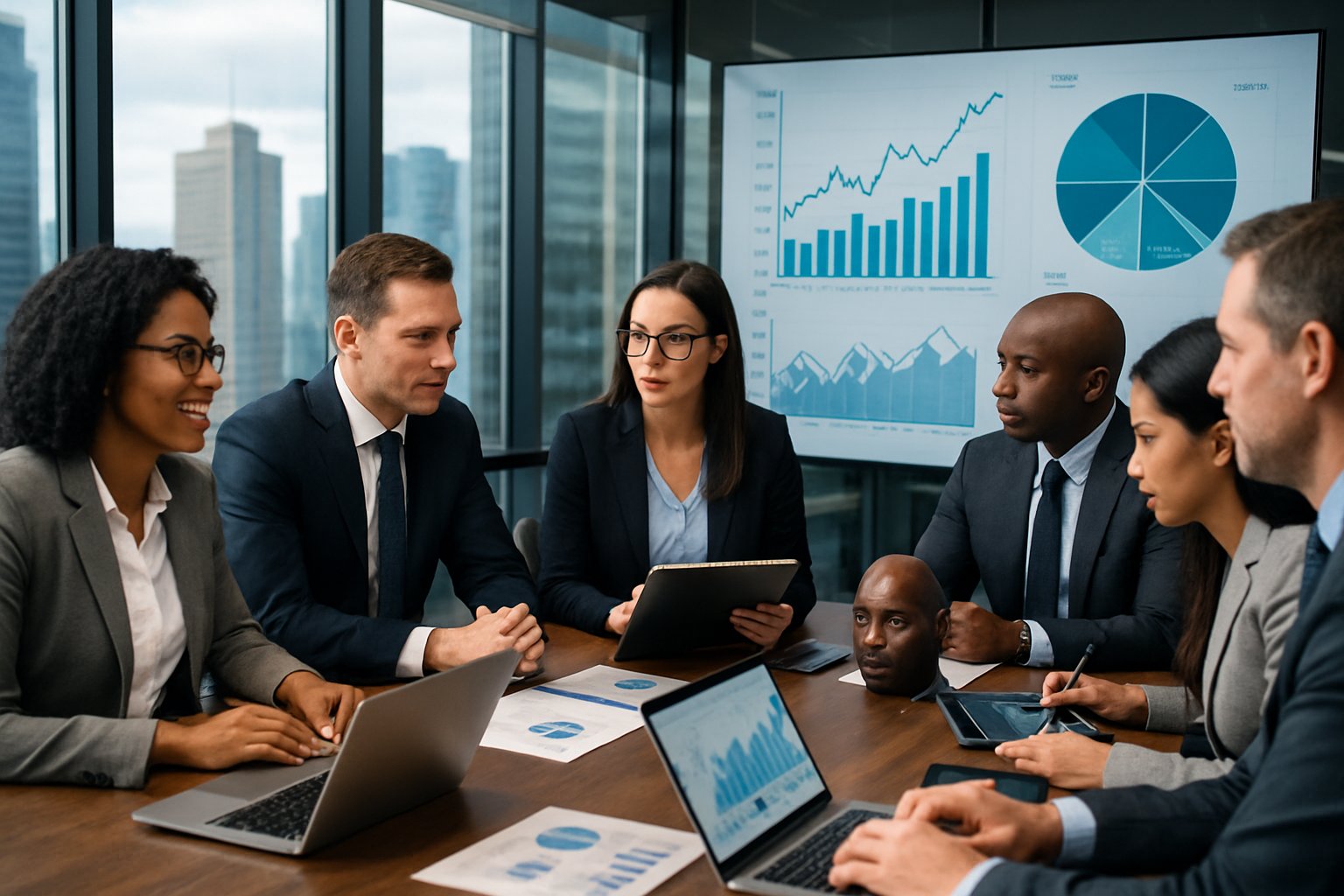 Healthcare Tech M&A Advisors: Expert Guidance in Dealmaking 2 A diverse group of business professionals in a modern office collaborating around a table with laptops and digital charts related to healthcare technology mergers and acquisitions.