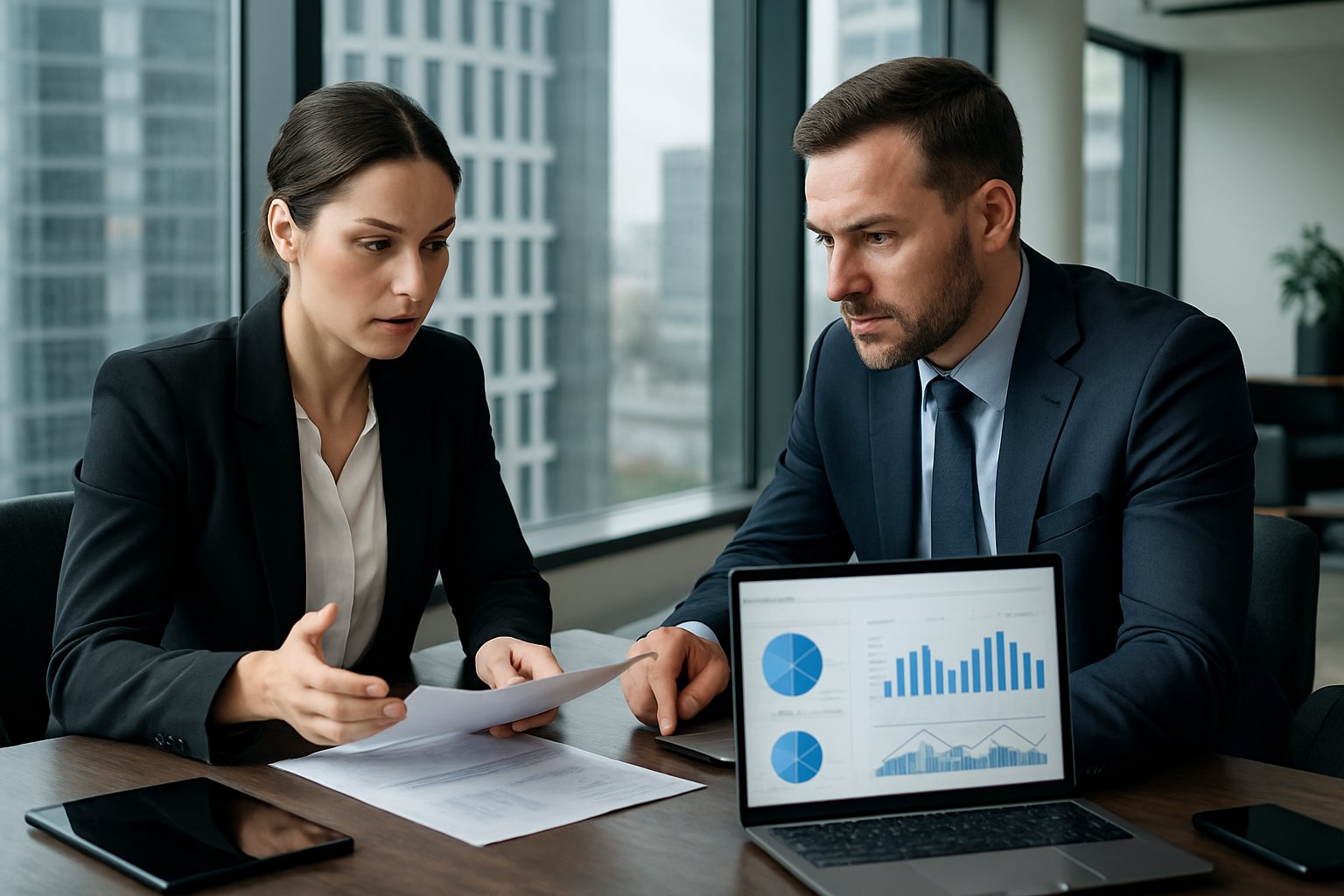 Sell My B2B Software Company: Step-By-Step Process & Value Maximization 1 Two business professionals discussing documents and charts in a modern office with a city view.