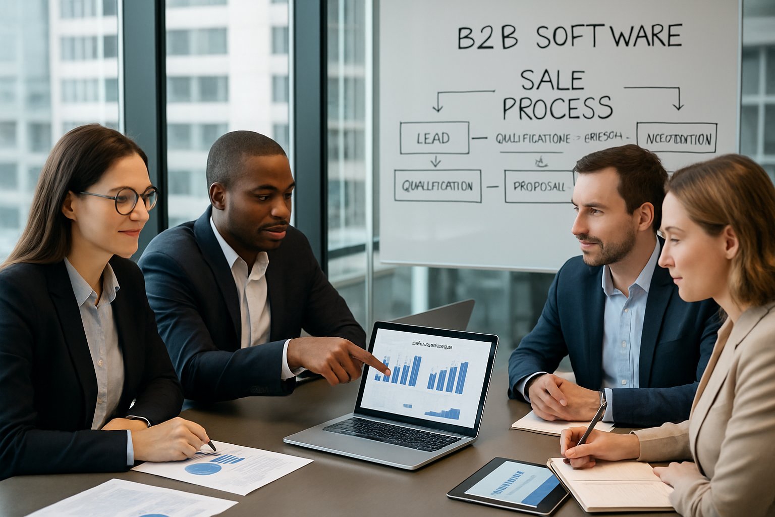 Sell My B2B Software Company: Step-By-Step Process & Value Maximization 2 Four business professionals in a modern office discussing documents and laptops around a conference table.