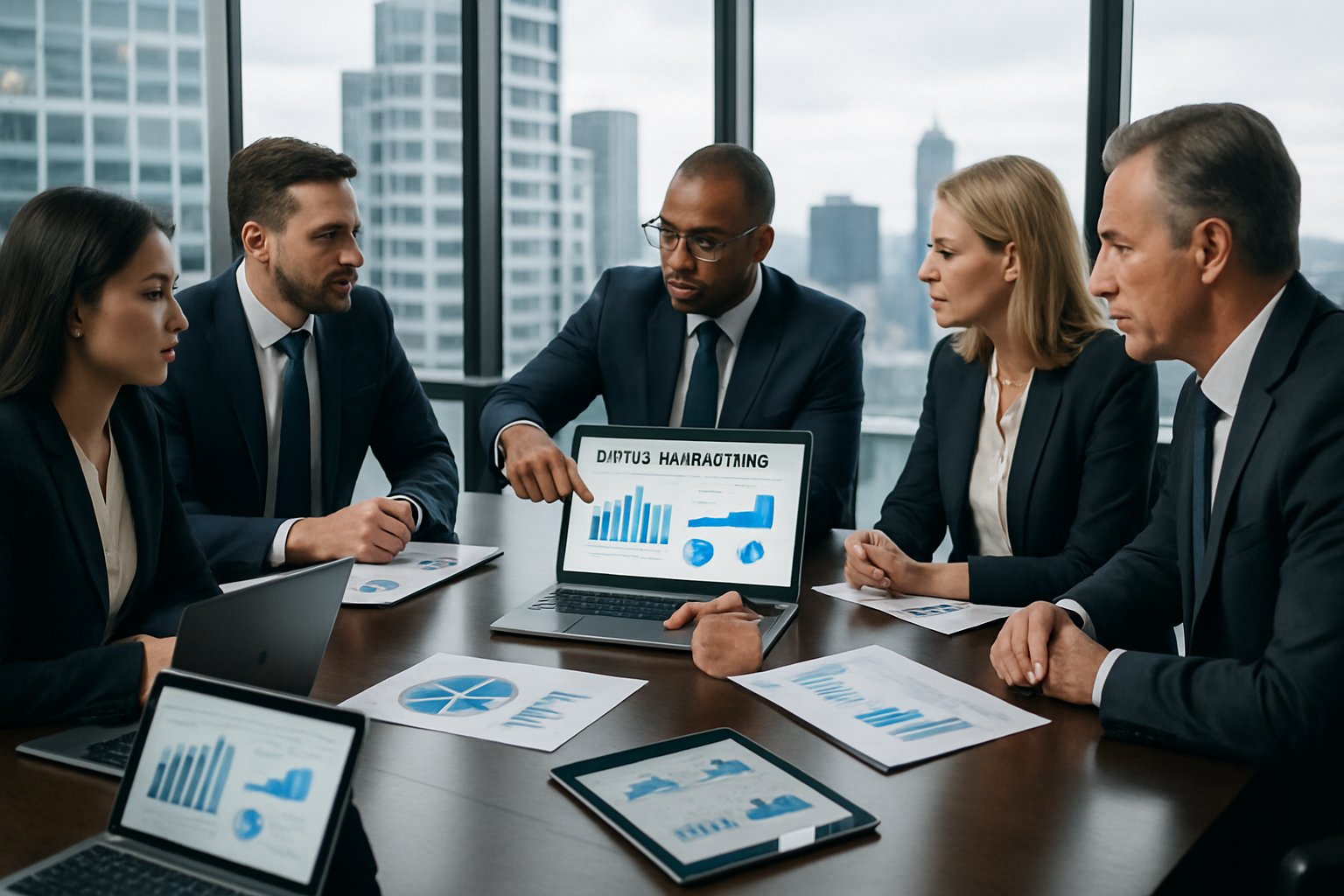 Digital Marketing M&A Firms: Strategies, Services & Impact 2 Business professionals in a modern office having a meeting around a table with laptops and charts, discussing digital marketing strategies.