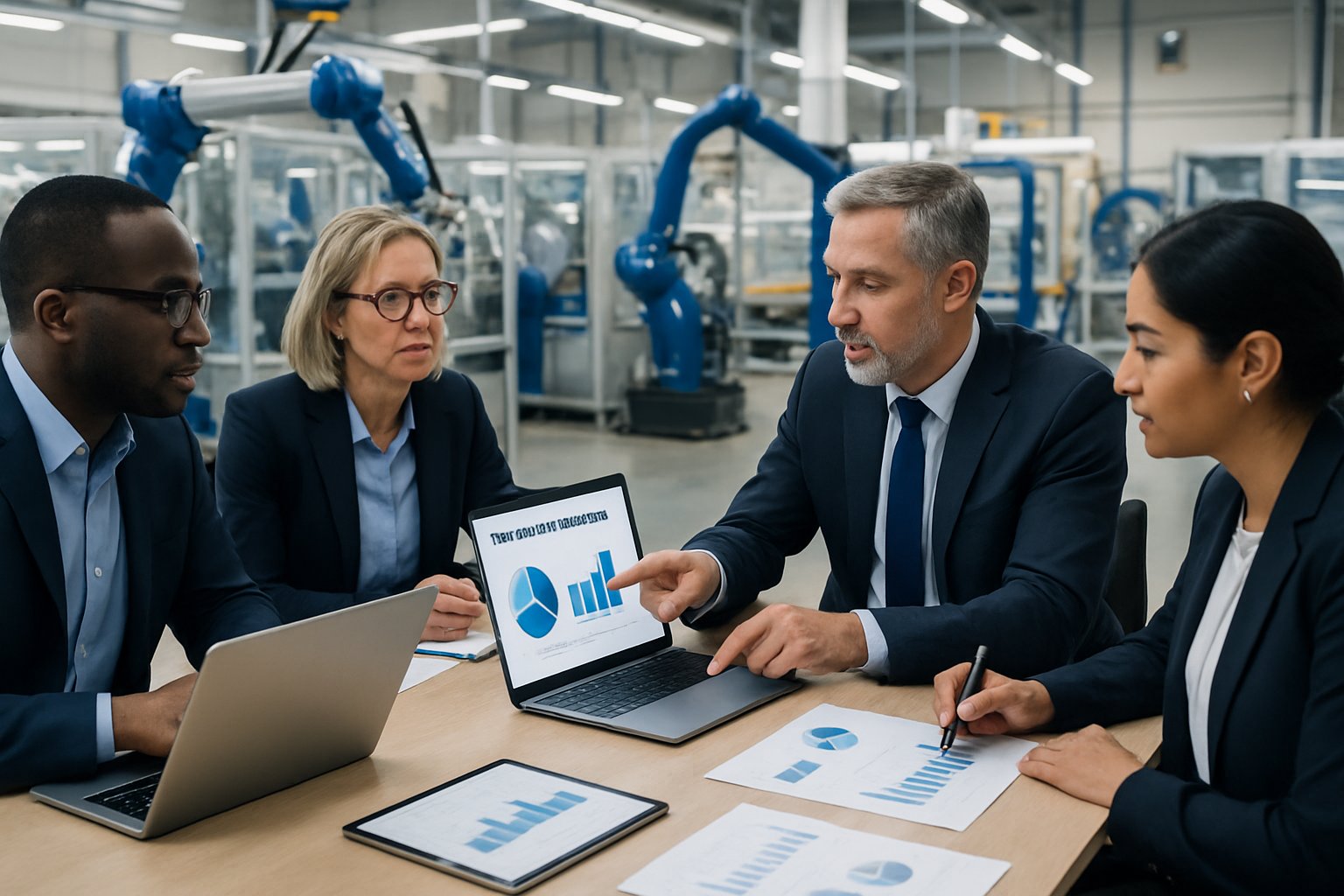 M&A Advisory Manufacturing: Expert Guidance for Successful Deals 2 Business professionals in a meeting inside a manufacturing facility with machinery in the background, discussing data on laptops and tablets.