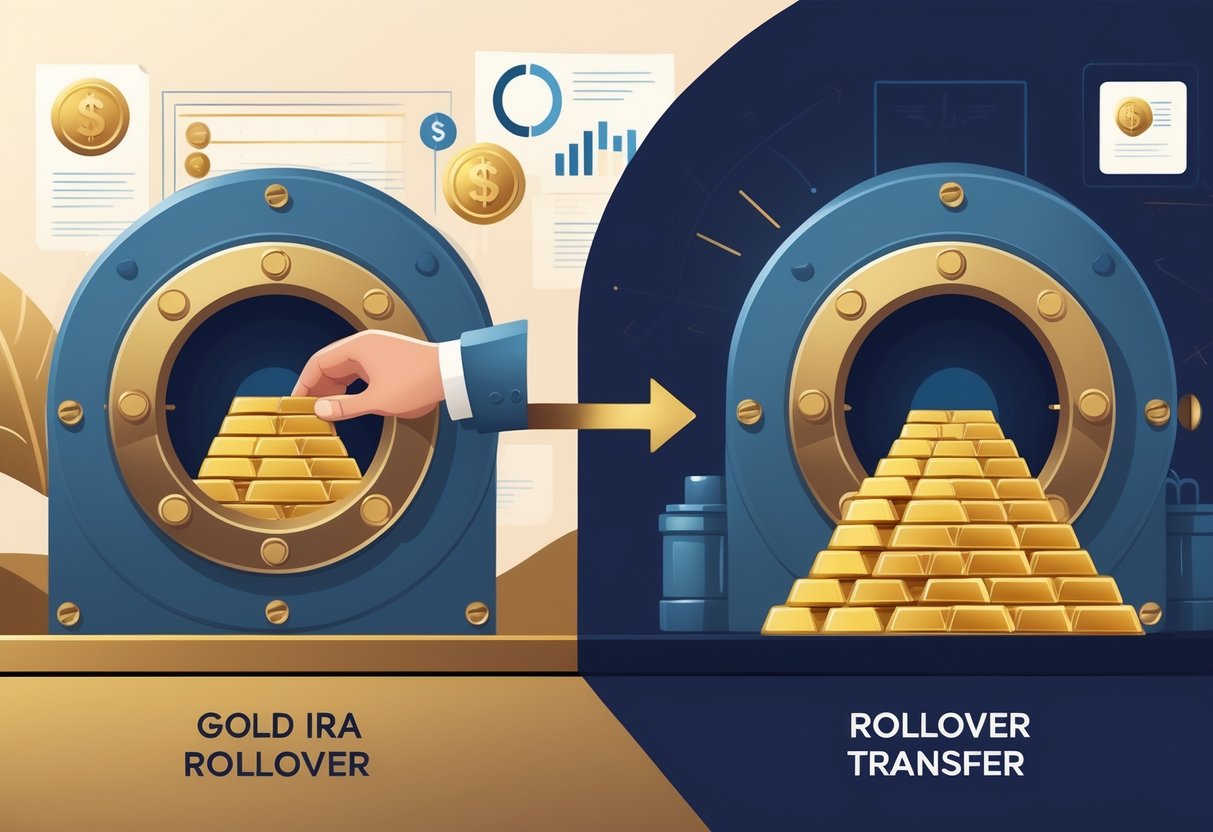 Two secure vaults filled with gold bars connected by arrows showing gold bars moving from one vault to another, representing the process of transferring gold assets between accounts.