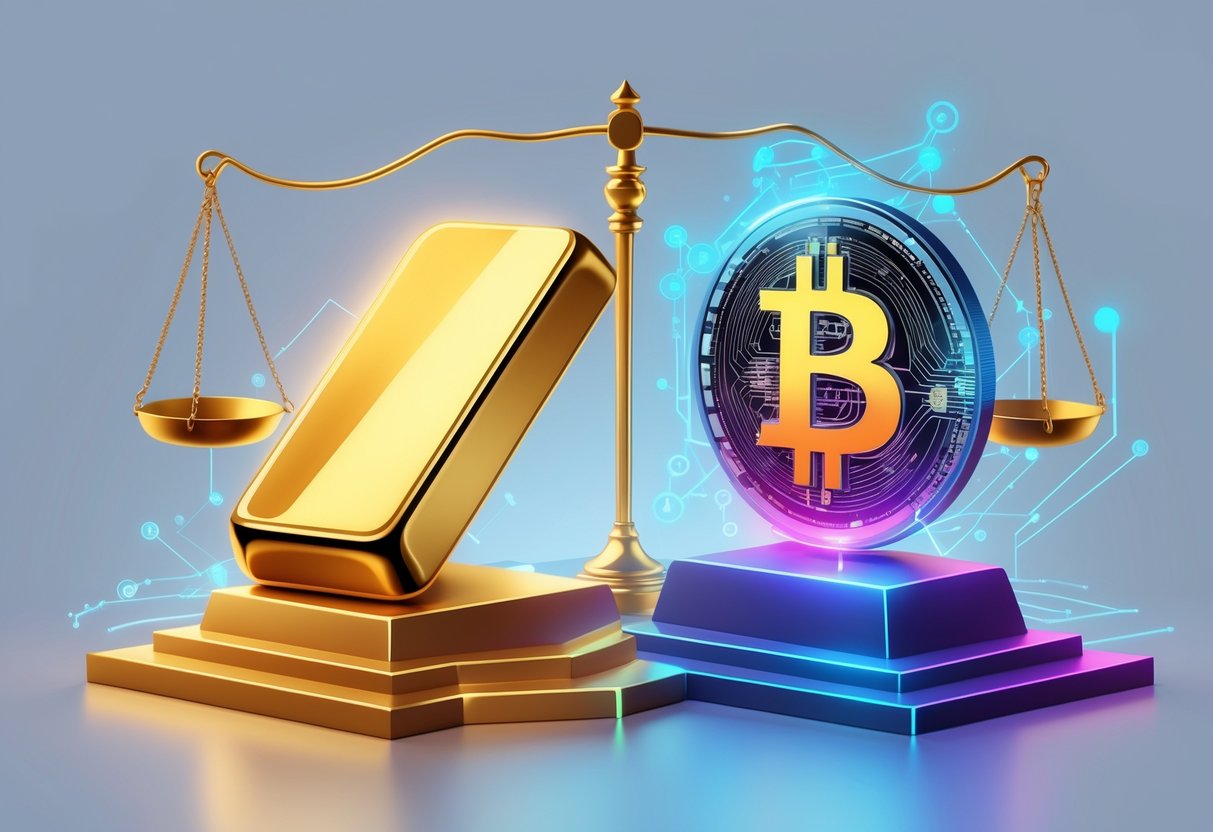 A side-by-side comparison of a gold bar on one side and a digital cryptocurrency symbol on the other, connected by a balanced scale representing the differences between Gold IRAs and Cryptocurrency IRAs.