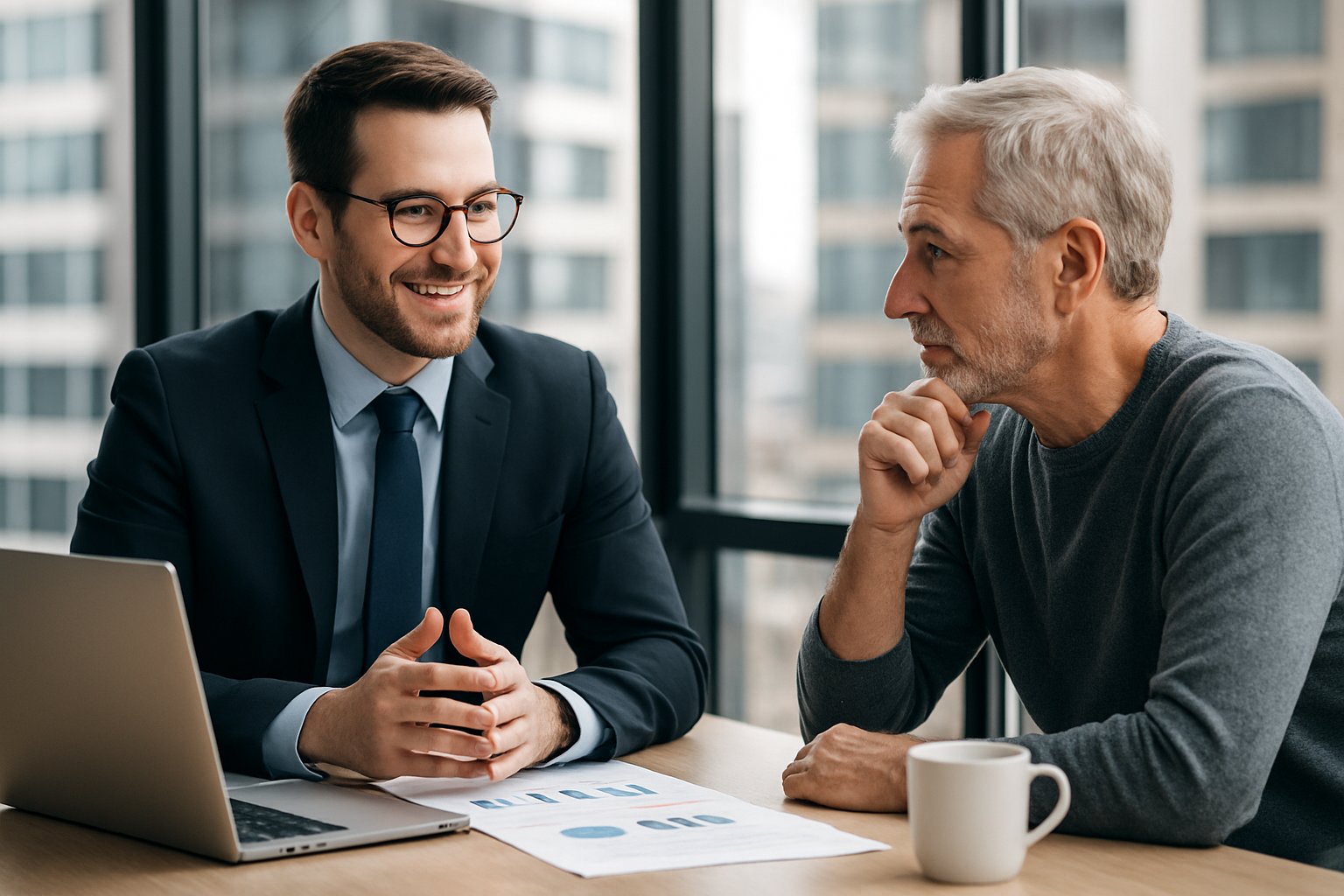 M&A Advisor Founder-Led Business: Expert Guidance for Successful Exits 1 Two business professionals discussing documents in a modern office setting.