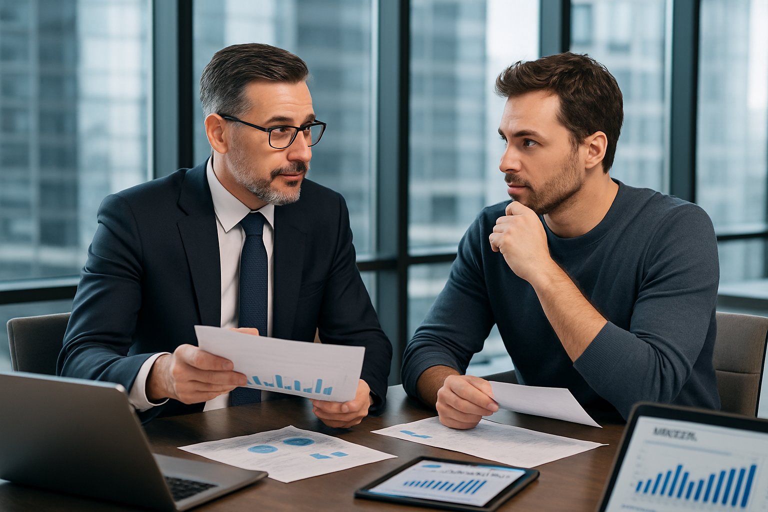M&A Advisor Founder-Led Business: Expert Guidance for Successful Exits 2 An M&A advisor and a founder discussing business documents together at a conference table in a modern office.