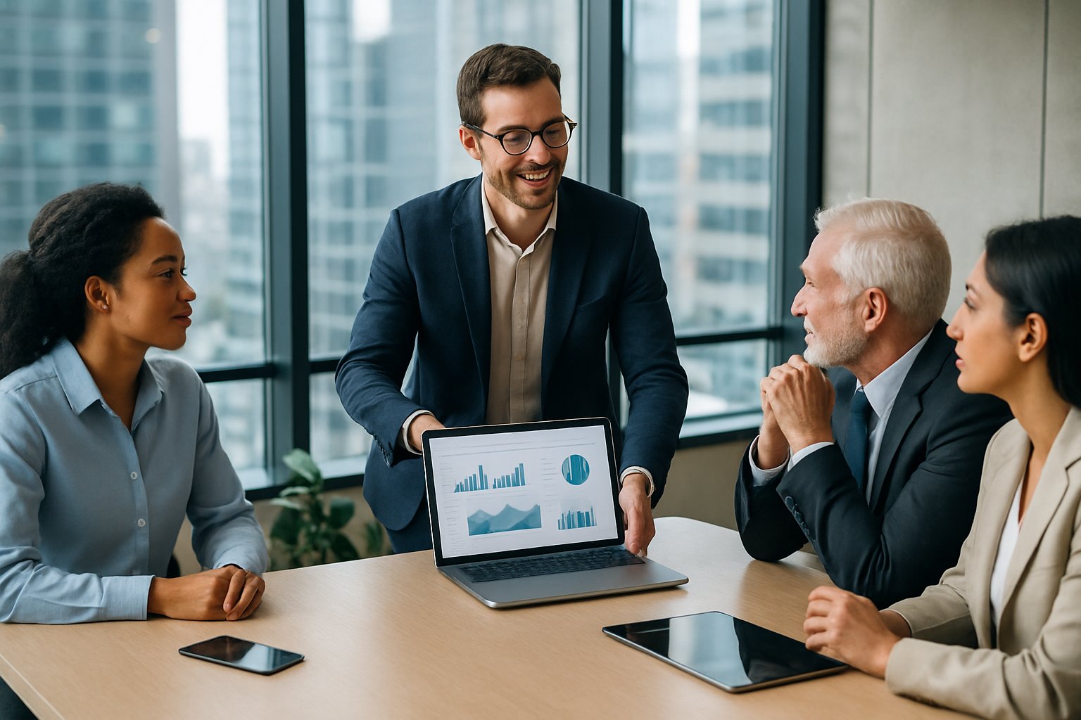 Sell a Bootstrapped Tech Company: Essential Steps and Strategies 1 A group of businesspeople in a modern office discussing a laptop with charts during a meeting.
