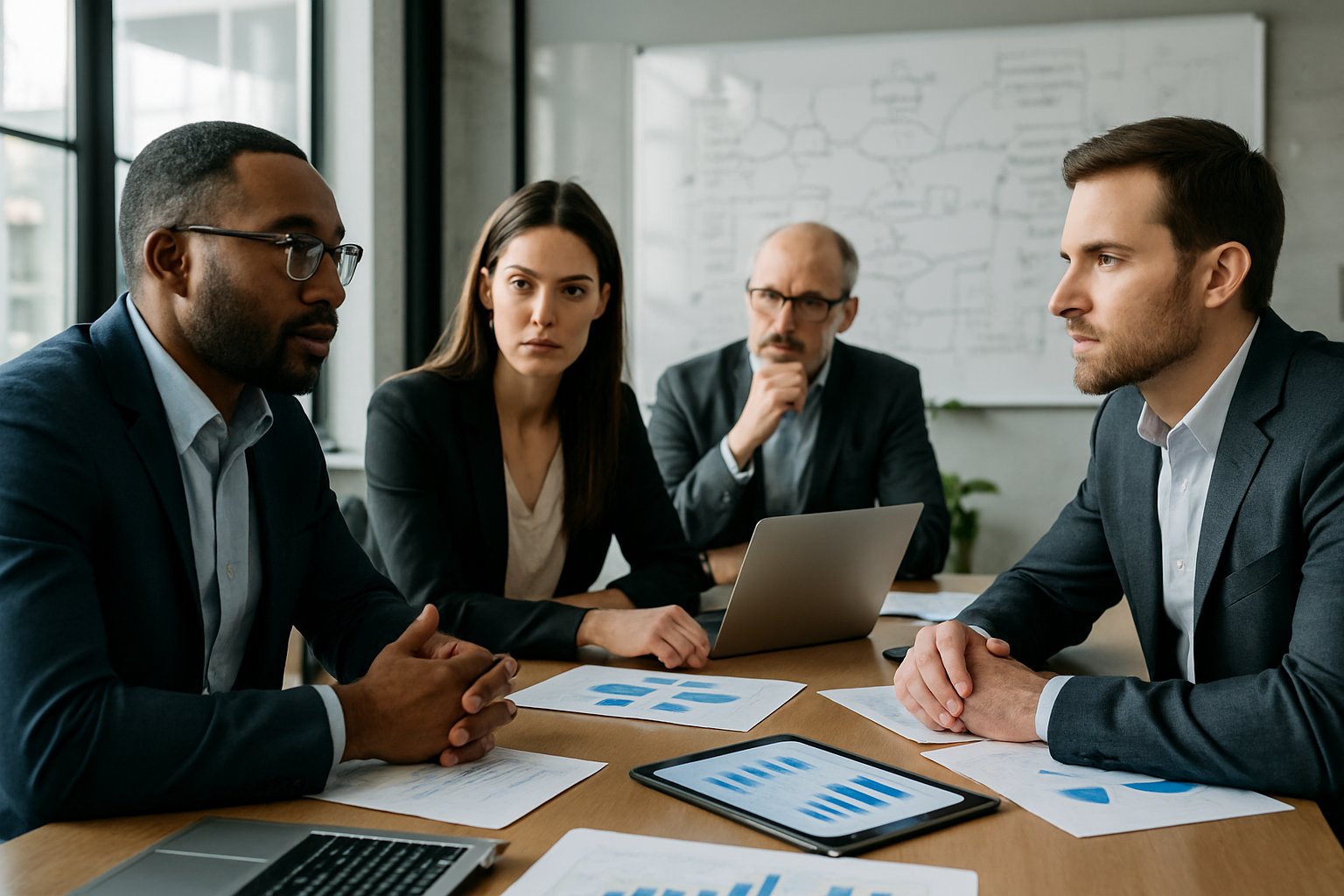 Sell a Bootstrapped Tech Company: Essential Steps and Strategies 2 A group of professionals in a modern office discussing business around a table with laptops and documents.