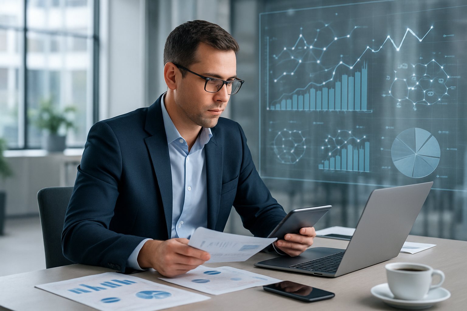 IT Services M&A Advisor: Expert Guidance for Strategic Deals 2 A business professional working at a desk with digital devices and financial charts, analyzing data related to IT services mergers and acquisitions.