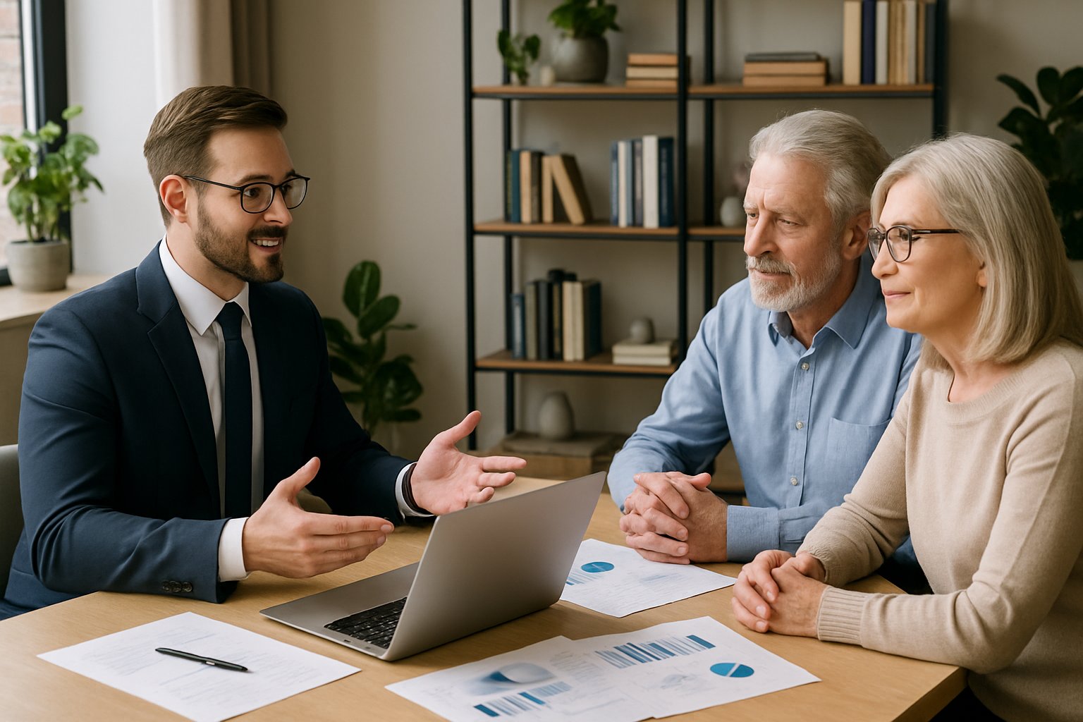 Family Business Exit Advisor: Strategies for a Successful Transition 2 A business advisor meeting with a mature couple in an office, discussing documents and plans.