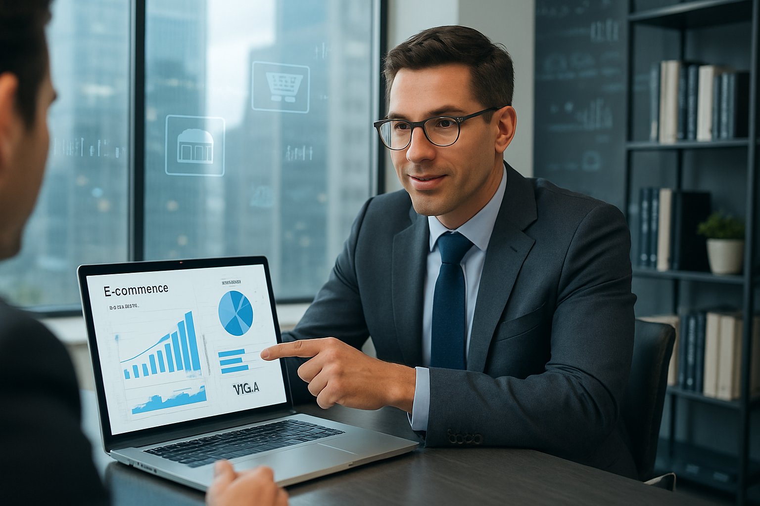 Ecommerce M&A Advisor: Expert Guidance for Buying & Selling Online Businesses 2 A businessperson in a suit discussing ecommerce data with a client in a modern office with city views and digital financial displays.