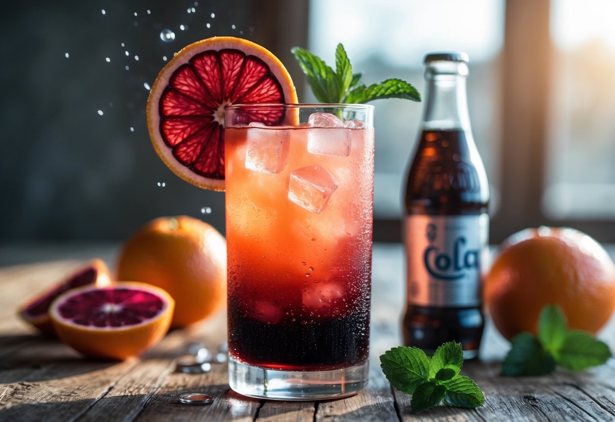A tall glass of Blood Orange Ranch Water cocktail with ice, garnished with a blood orange slice and mint, placed on a wooden table with blood oranges and bottles nearby.
