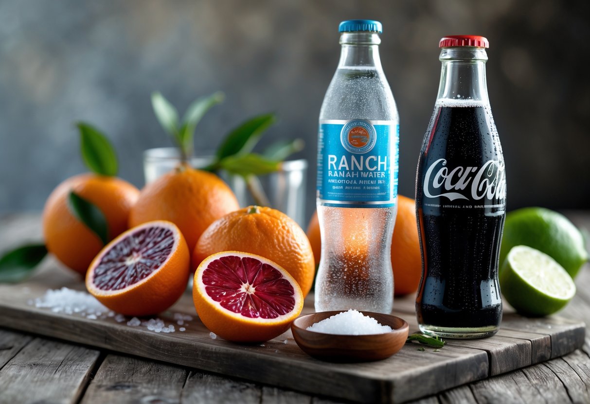 A close-up of fresh blood oranges, a bottle of sparkling mineral water, a chilled Coke bottle, a bowl of salt, and a lime wedge arranged on a wooden surface.