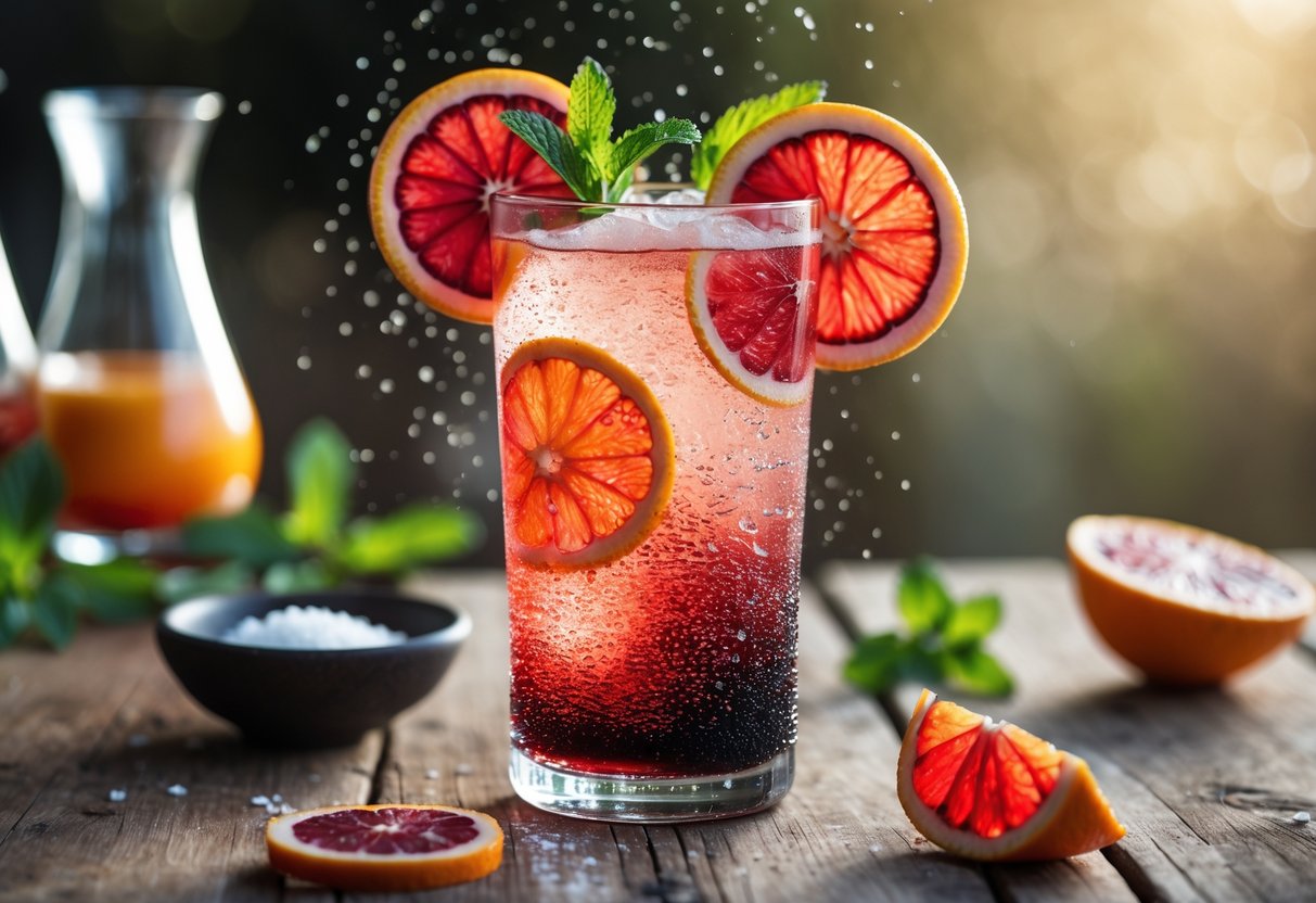 A glass of Blood Orange Ranch Water with Coke garnished with blood orange slices and mint on a wooden table with blood orange wedges and salt nearby.