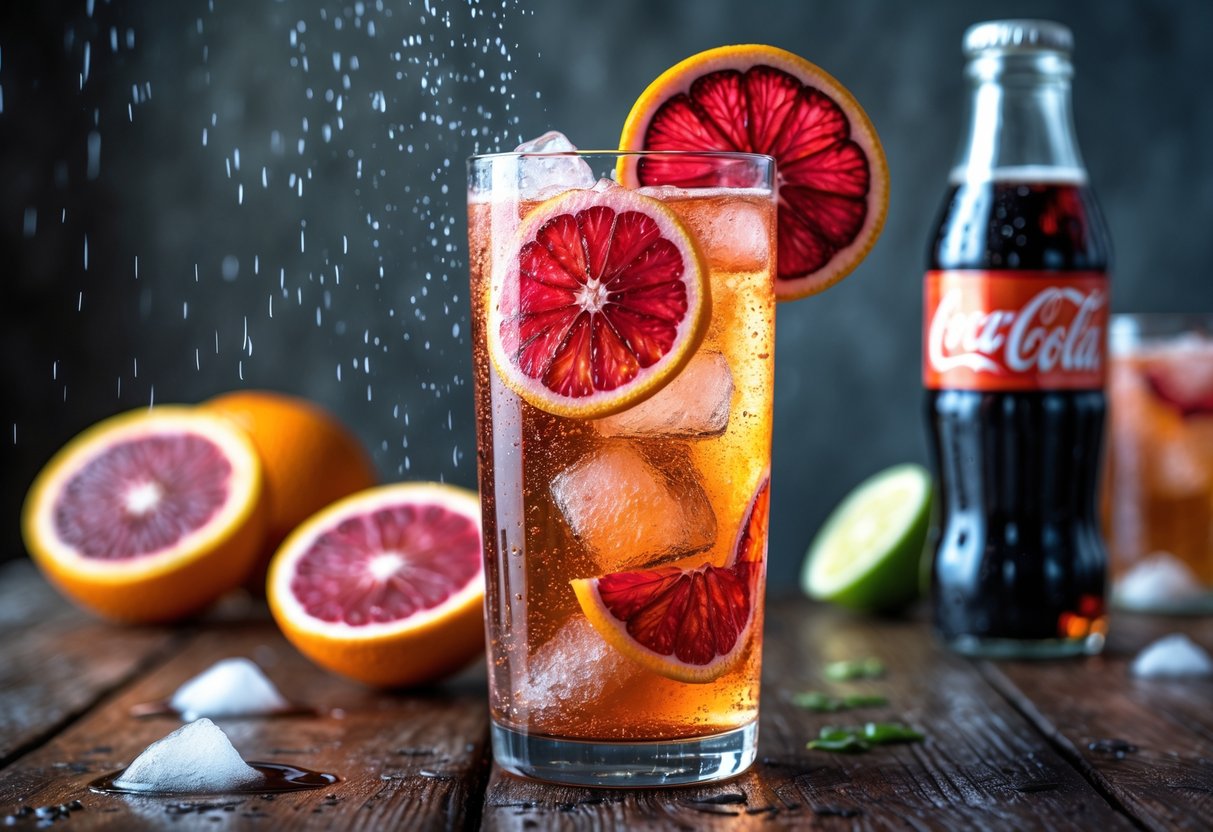 A tall glass of Blood Orange Ranch Water cocktail with ice and blood orange slices on a wooden table, with blood oranges and a bottle of Coke in the background.
