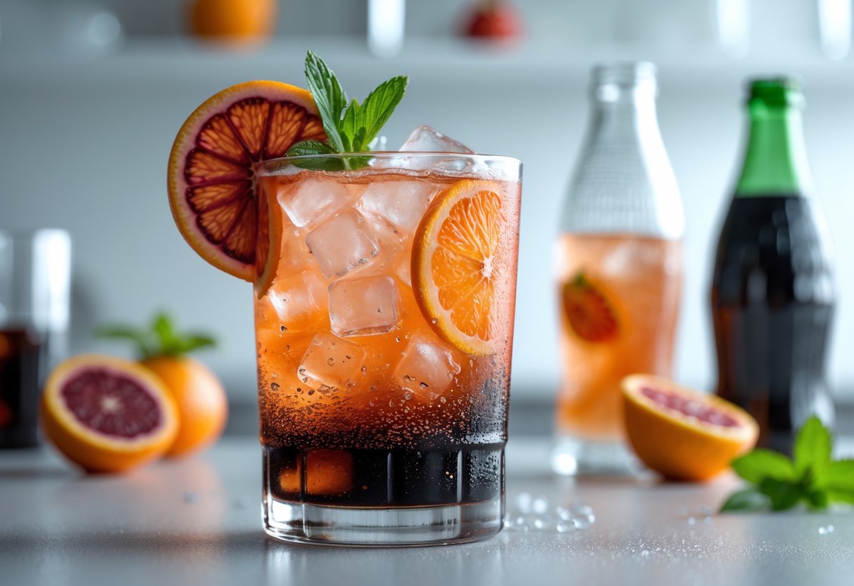 A glass of Blood Orange Ranch Water mixed with Coke, garnished with a blood orange slice and mint, on a bar countertop with citrus fruits and bottles in the background.