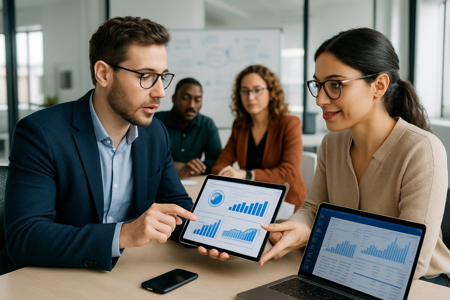 Exit Planning for Tech Founders: A Complete Guide to Successful Exits 2 Two tech founders in a modern office reviewing charts and financial data on a tablet and laptop during a business meeting.