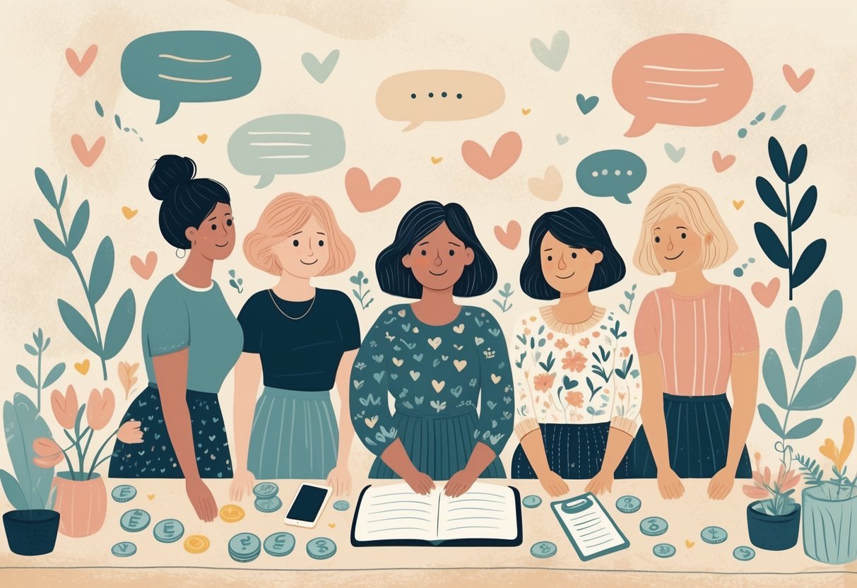 A group of diverse women gathered around a desk with coins, a budget planner, and soft decorative icons, showing calm and confident expressions in a warm and inviting setting.