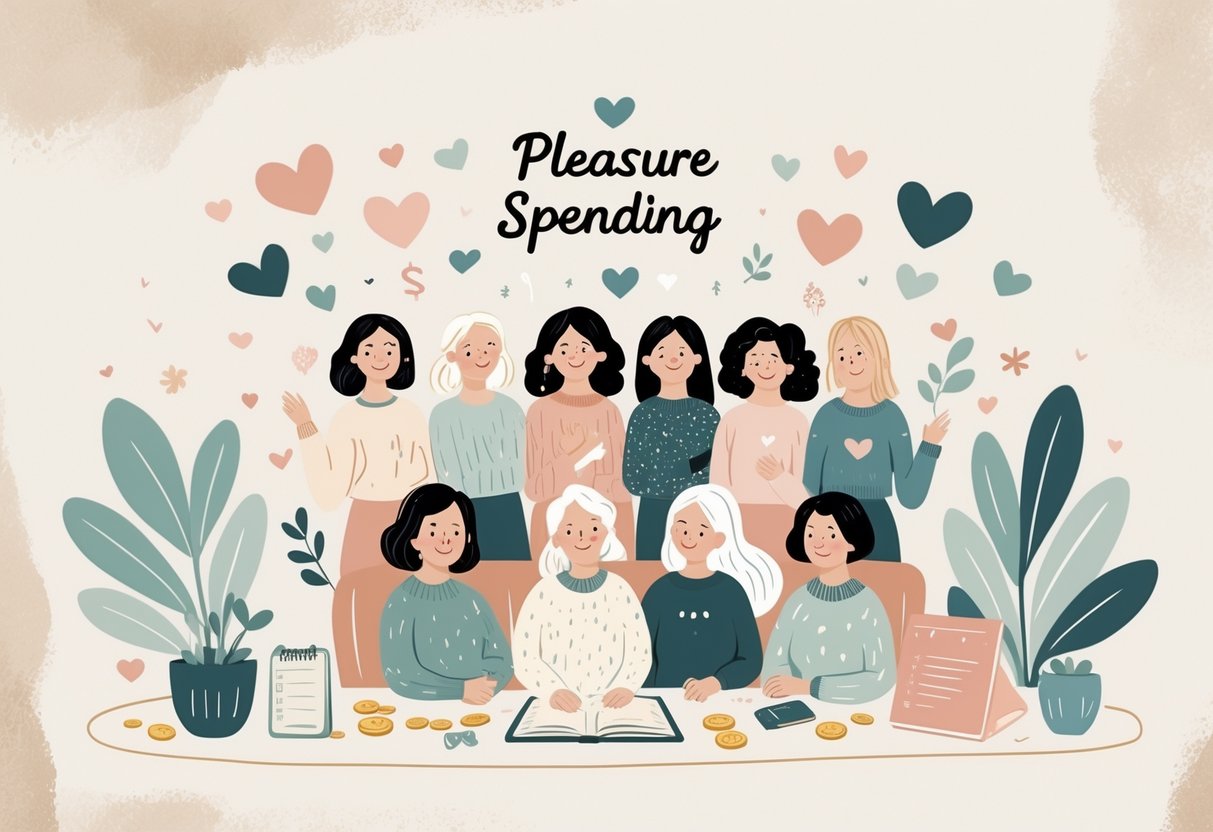 A group of diverse women gathered around a desk with coins, a budget planner, and soft icons like hearts and flowers, showing calm and joyful expressions while managing their spending.