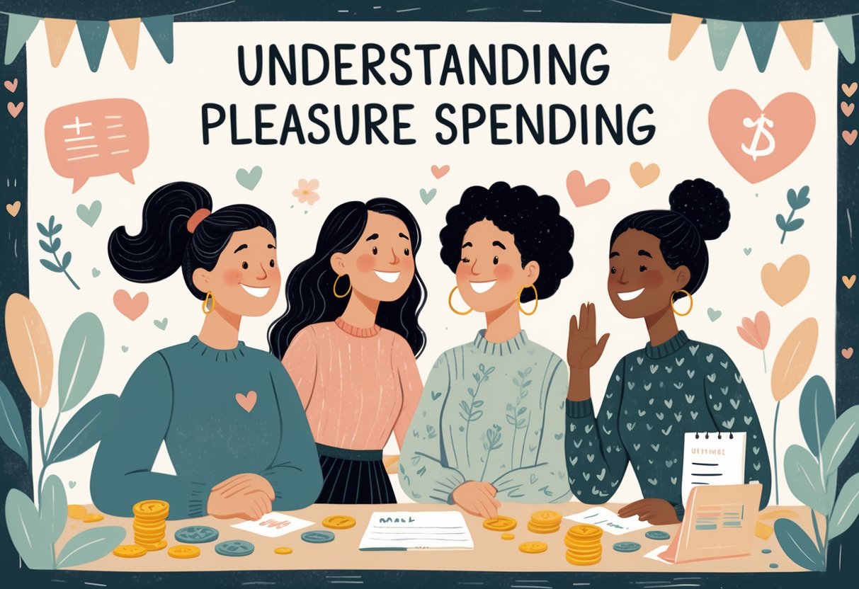 Three diverse women sitting at a desk with coins, dollar signs, and a budget planner, having a calm and supportive conversation about managing pleasure spending.