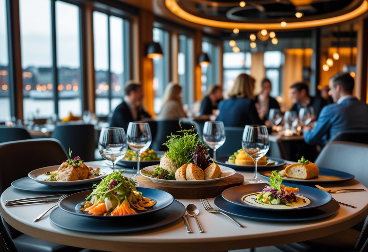 A beautifully set restaurant table with various gourmet dishes and people dining inside a stylish restaurant with large windows showing a city view.