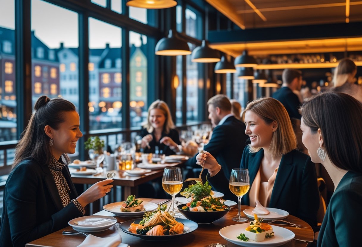 A modern restaurant interior in Copenhagen with people enjoying meals and waitstaff serving at wooden tables.