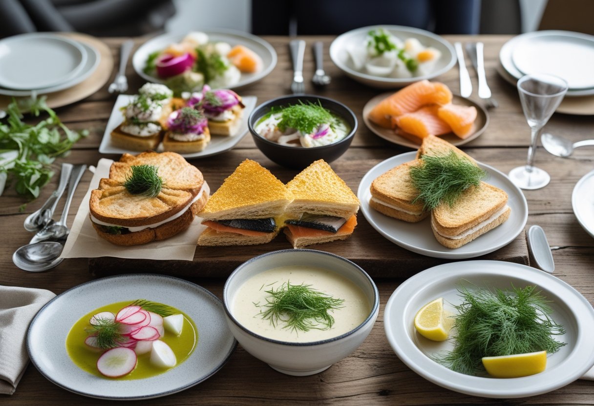 A table filled with a variety of traditional Danish dishes including open-faced sandwiches, seafood soup, and pastries in a cozy restaurant setting.