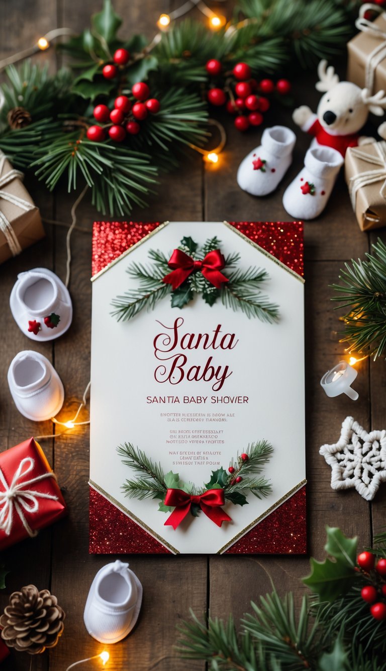 A table with festive baby shower invitations decorated with red and green glitter, surrounded by holiday decorations and baby items.