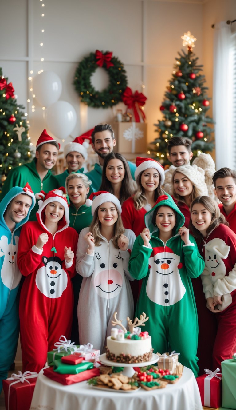 A group of people wearing Christmas-themed onesies celebrating a baby shower in a room decorated with holiday decorations and a Christmas tree.
