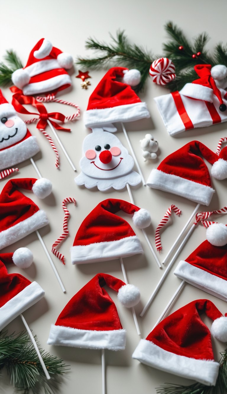 A collection of 17 cute Santa hat photo booth props arranged on a festive surface with holiday decorations.