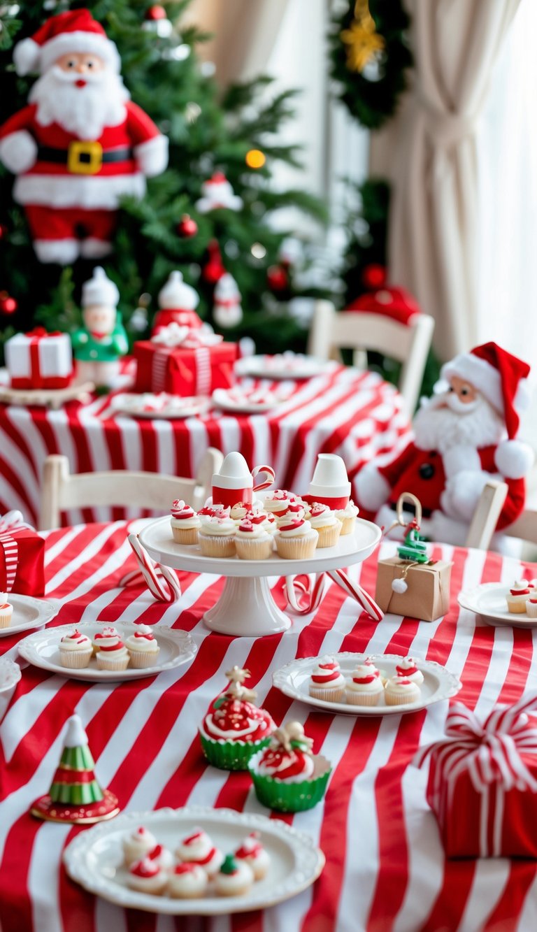 A baby shower setup with tables covered in red and white striped tablecloths, decorated with Santa figurines, baby shower items, and holiday treats.