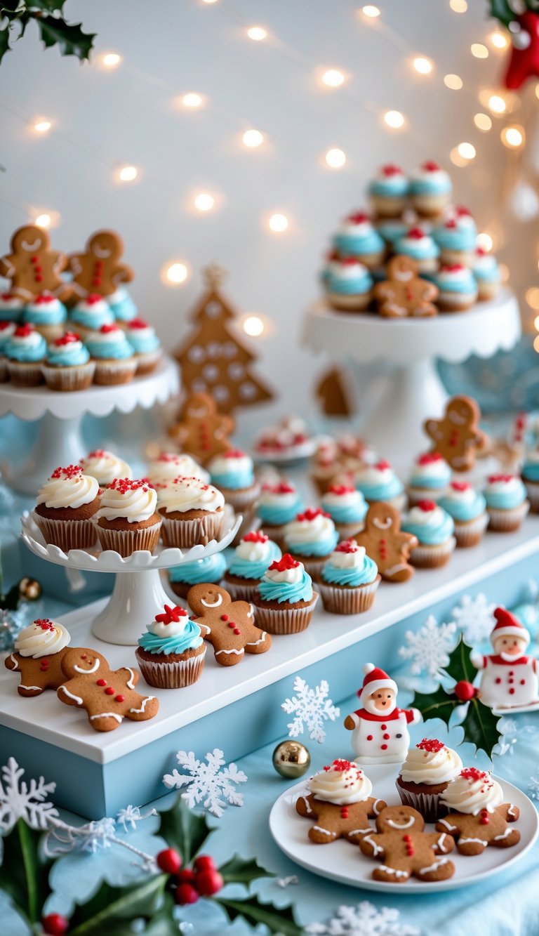 A dessert table decorated with gingerbread men cookies, cupcakes, candy canes, and small Santa figurines for a baby shower celebration.