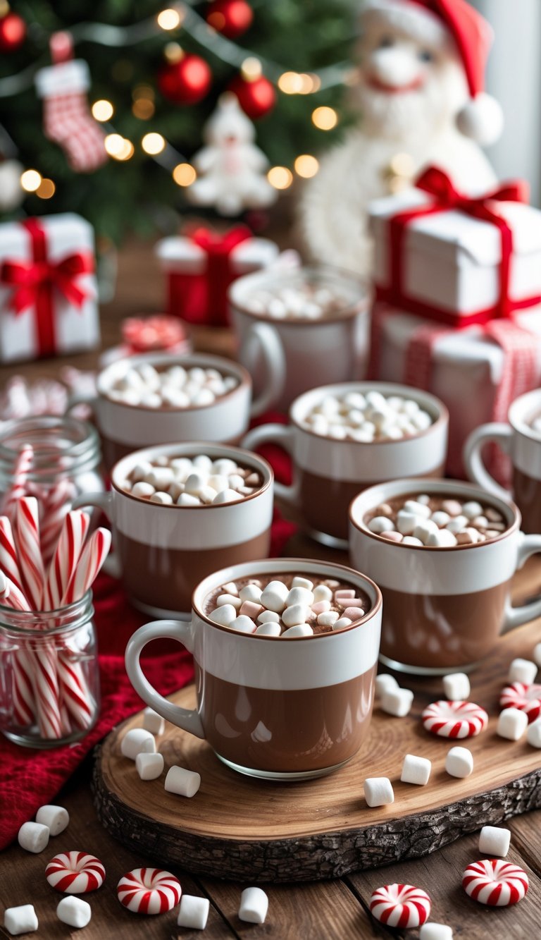 A table with mugs of hot cocoa topped with mini marshmallows and peppermint sticks, decorated for a Santa-themed baby shower.